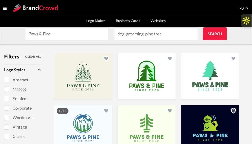BrandCrowd AI logo options for Paws and Pine dog grooming studio