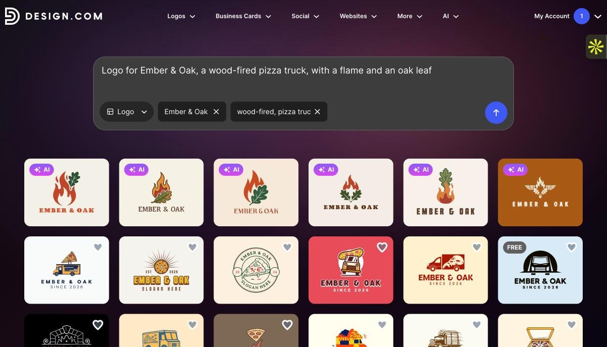 Design.com AI logo generator concepts for Ember and Oak pizza truck