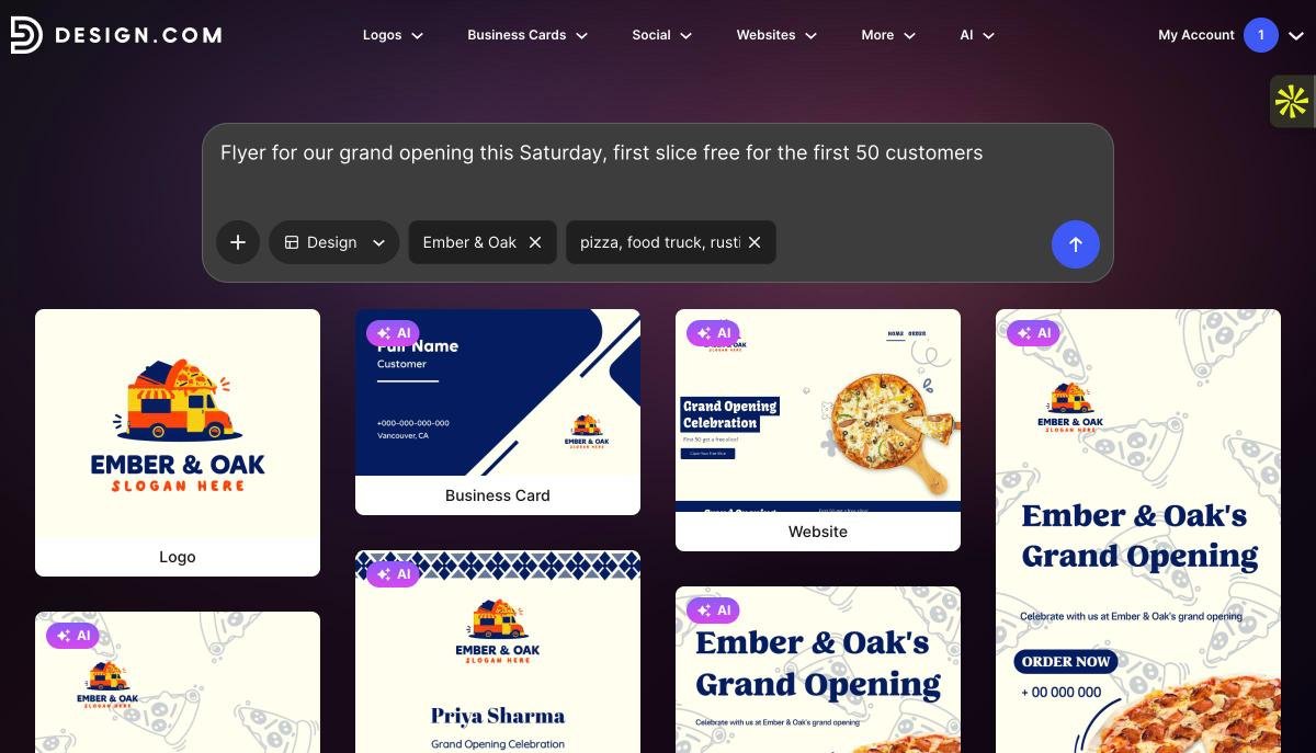 Design.com AI-generated grand opening flyer for Ember and Oak pizza truck