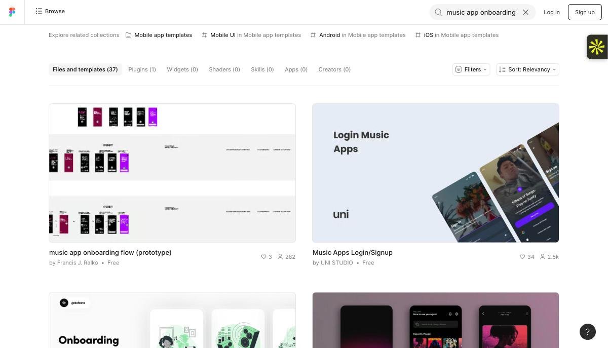 Figma Community search results for music app onboarding designs